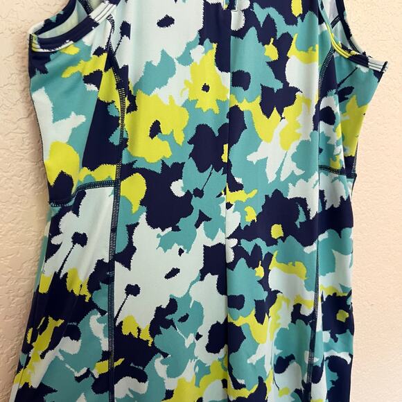Title Nine Floral Athletic Dress Blue Green Yellow Sleeveless Zip Back Pockets - Picture 10 of 12